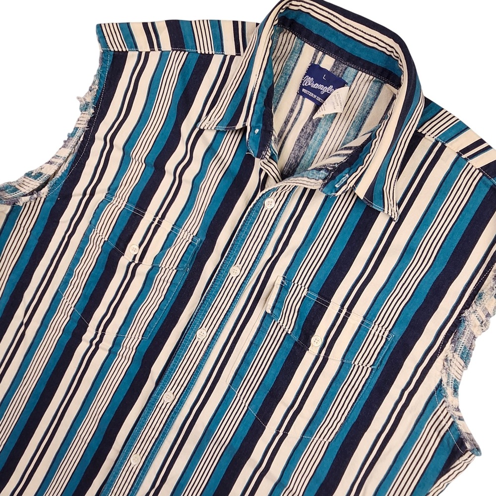 VTG Wrangler Sleeveless Western Shirt Mens L Blue Striped Button Down Rockabilly